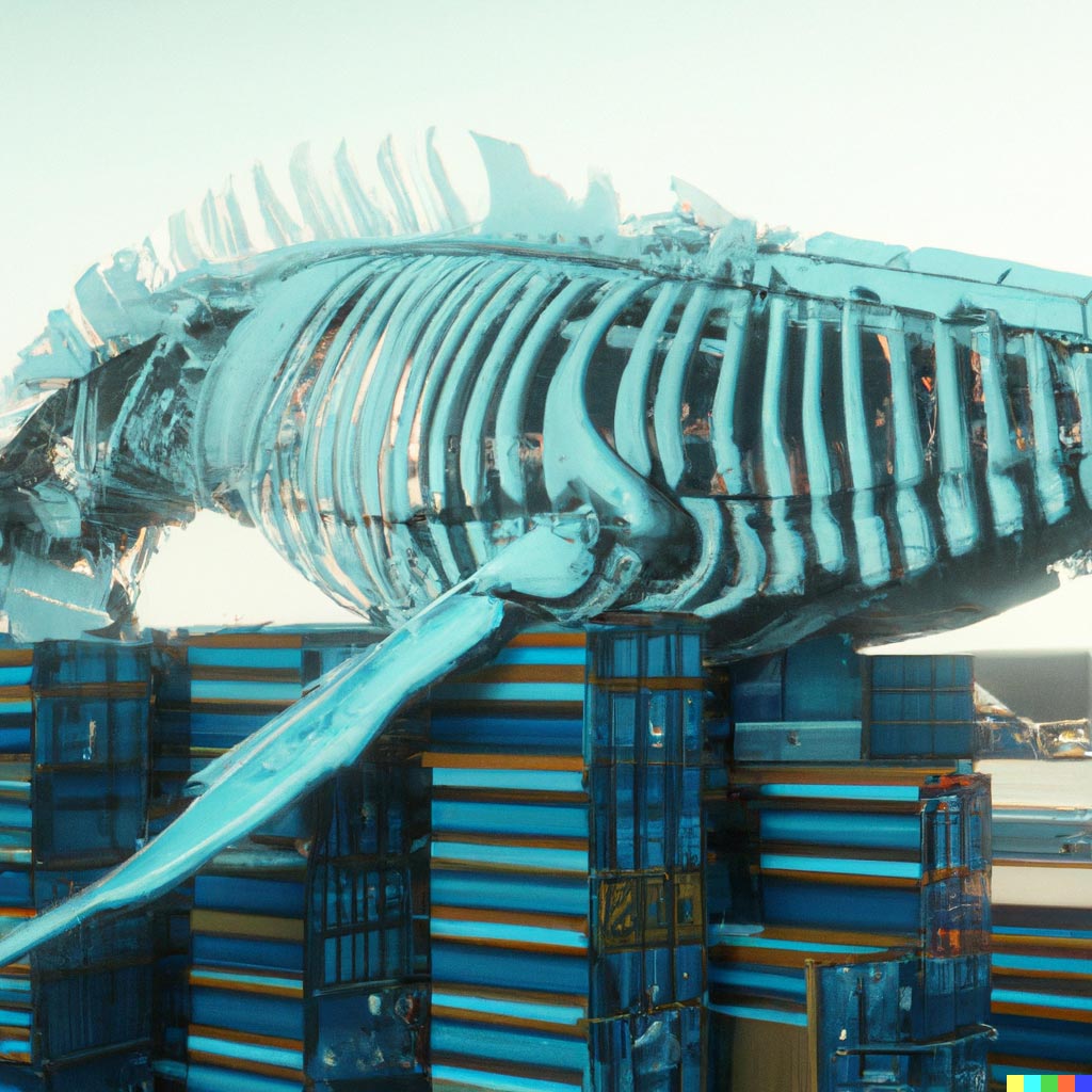 DALL·E prompt: a skeleton of a blue whale with stacks of shipping containers on its back, cgsociety artstation trending 4k